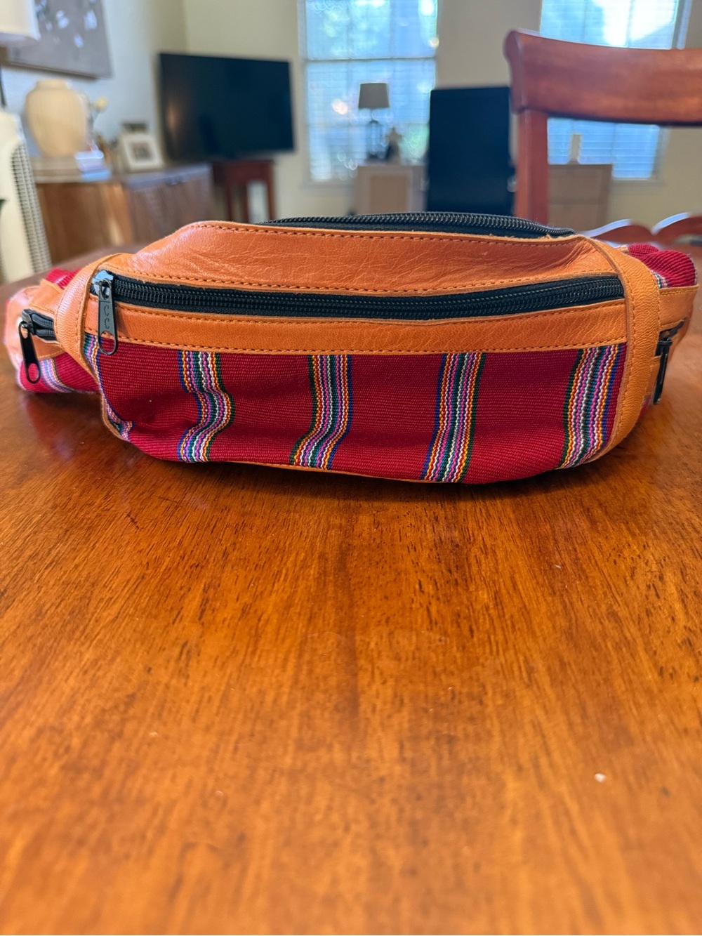 Guatemalan Striped Red Canvas Belt Bag with Tan Leather Trim